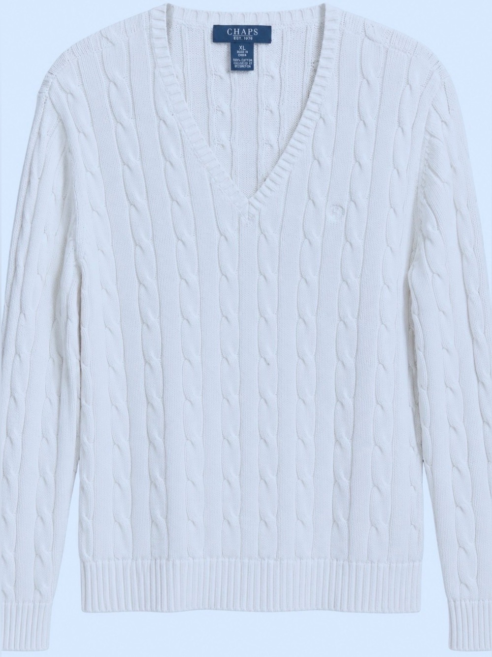 CHAPS White Cable Knit V-Neck Cotton Sweater XL – Preppy Classic Pullover, XL